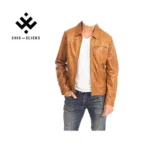 Men’s tan lambskin leather jacket with shirt-style collar and zippered chest pocket – casual sport fashion look by Chic and Clicks