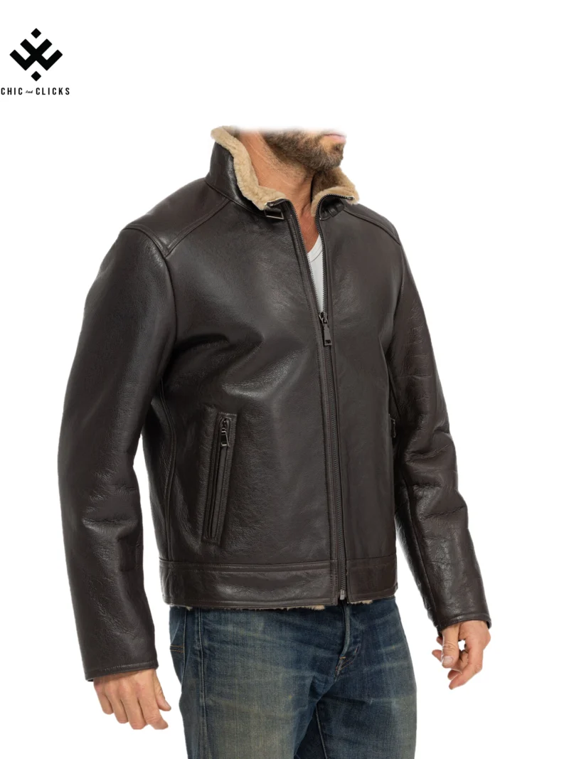 Men’s dual-tone brown and dark beige mouton (sheepskin) shearling leather jacket – Chic and Clicks