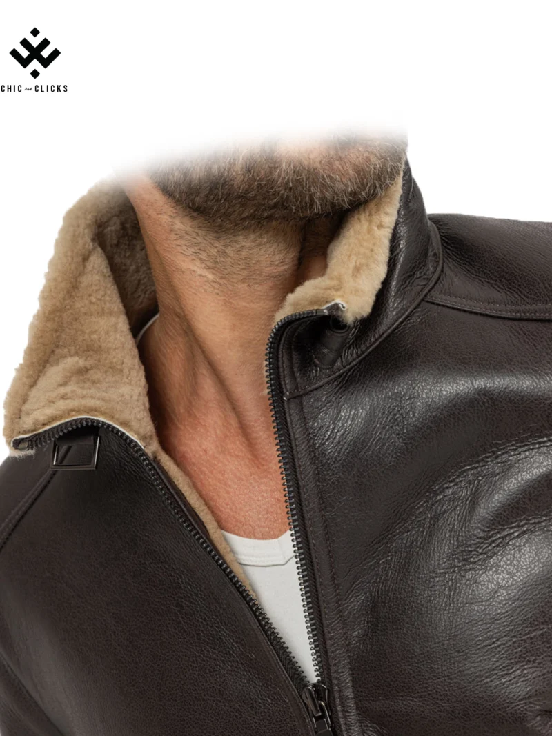 Men’s dual-tone brown and dark beige mouton (sheepskin) shearling leather jacket – Chic and Clicks