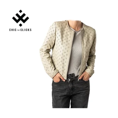 Luna Petal soft beige women's bolero jacket in lamb leather with floral perforations – spring edition