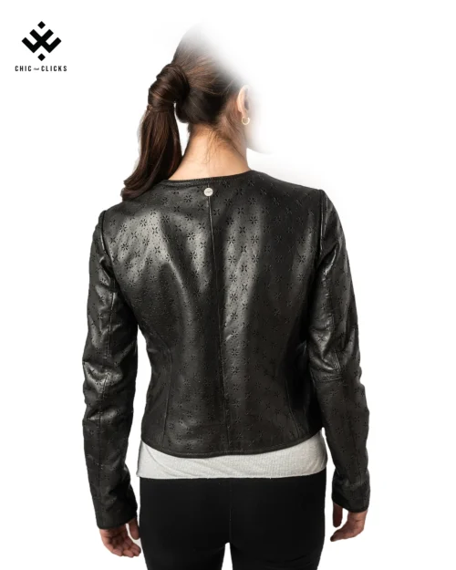 Luna Noir black women's bolero leather jacket with floral perforation – modern elegant design