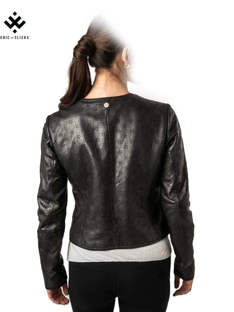 Luna Noir black women's bolero leather jacket with floral perforation – modern elegant design