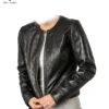 Luna Noir black women's bolero leather jacket with floral perforation – modern elegant design
