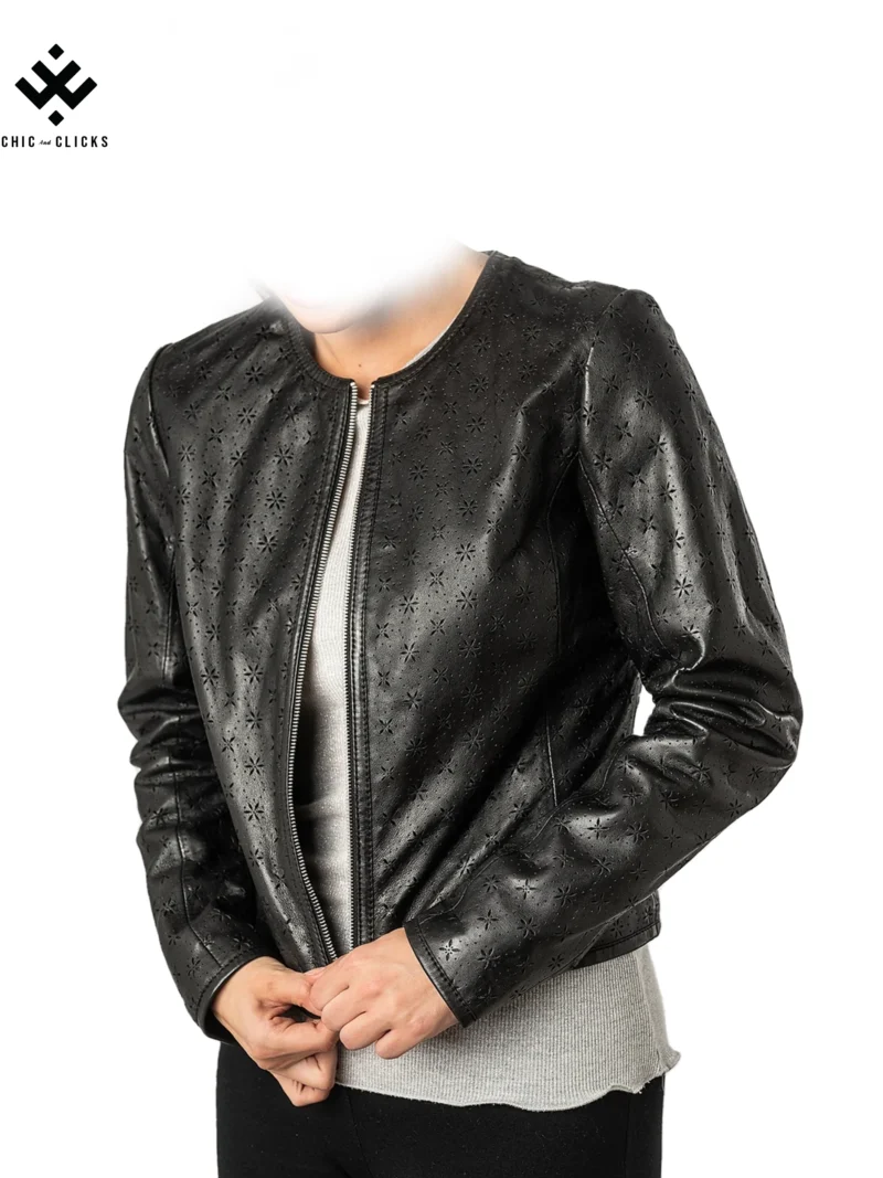 Luna Noir black women's bolero leather jacket with floral perforation – modern elegant design