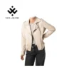 NovaEdge beige textile biker jacket for women – asymmetrical zip in sandstone color