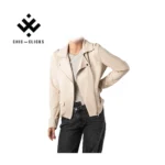 NovaEdge beige textile biker jacket for women – asymmetrical zip in sandstone color