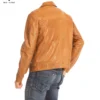Men’s tan lambskin leather jacket with shirt-style collar and zippered chest pocket – casual sport fashion look by Chic and Clicks