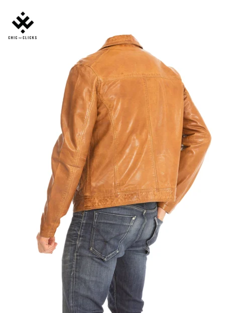 Men’s tan lambskin leather jacket with shirt-style collar and zippered chest pocket – casual sport fashion look by Chic and Clicks