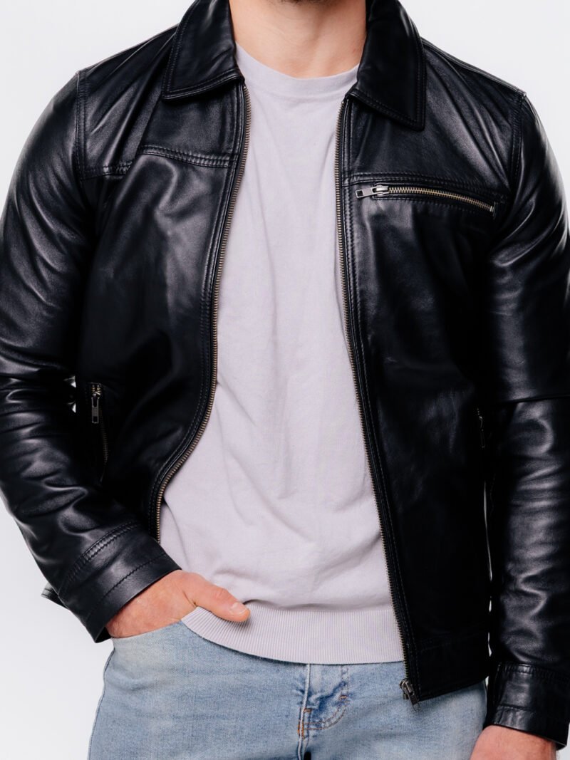 Leather Jacket With Short Shirt Collar | Men's Leather Jacket - Image 3