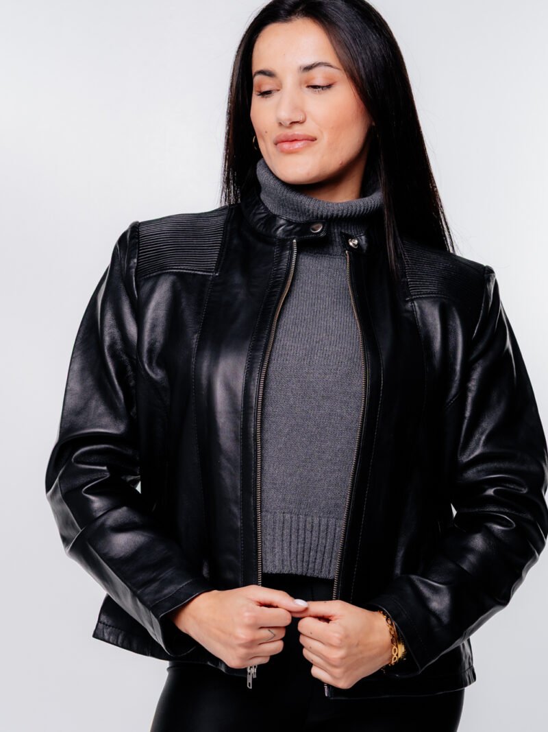 Women’s Solid Black Leather Jacket - Image 4