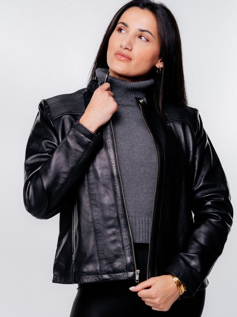 Women’s Solid Black Leather Jacket - Image 2