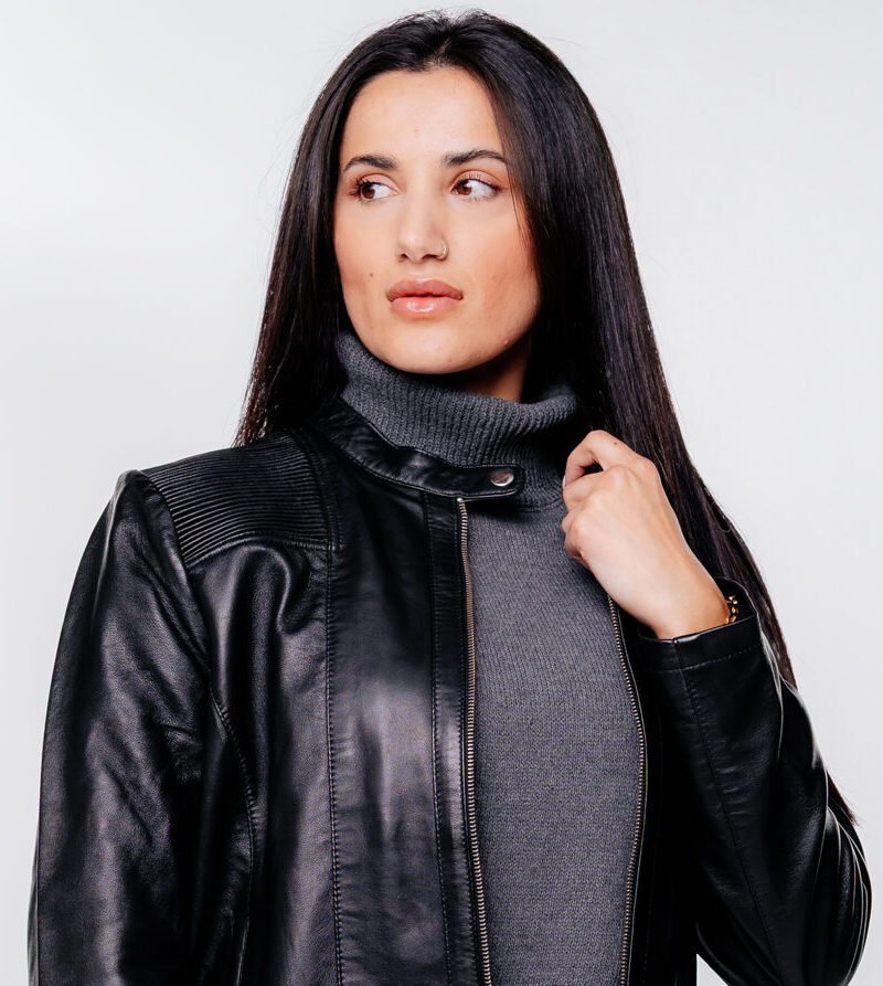 Women’s Solid Black Leather Jacket - Image 3