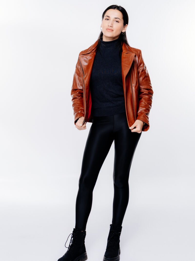 Brown Asymmetrical Zip Biker-Style Leather Jacket - Image 2
