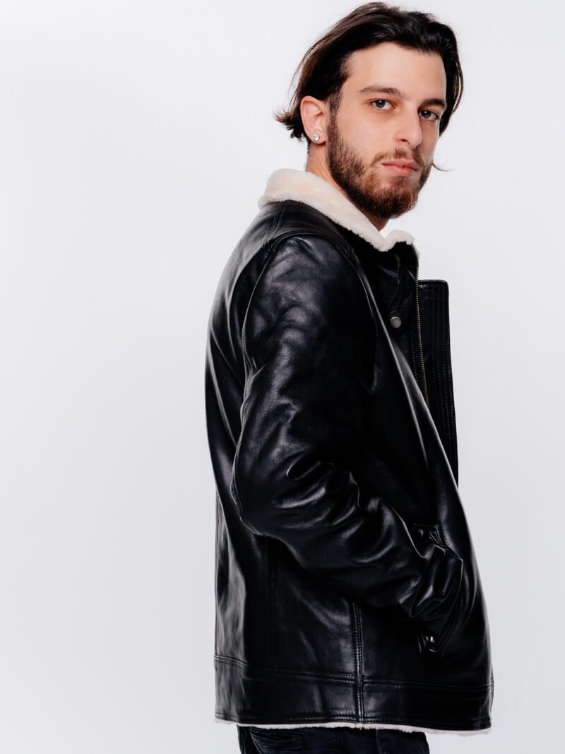 Men’s Black Leather Jacket with Shearling Collar – Premium Winter Wear - Image 4