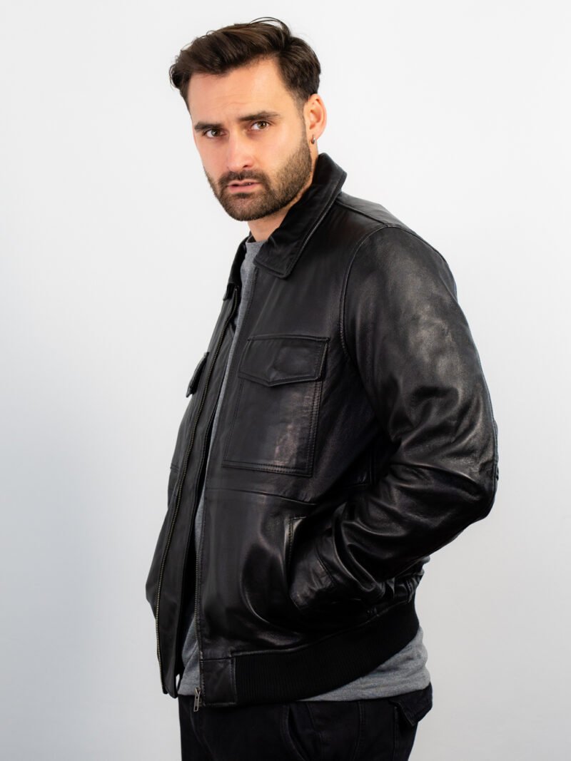 Men’s Black Bomber Leather Jacket - Image 3