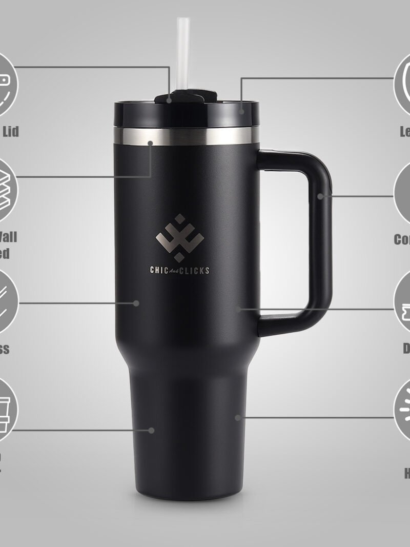 40oz Insulated Stainless Steel Tumbler with Straw & Handle - Image 4